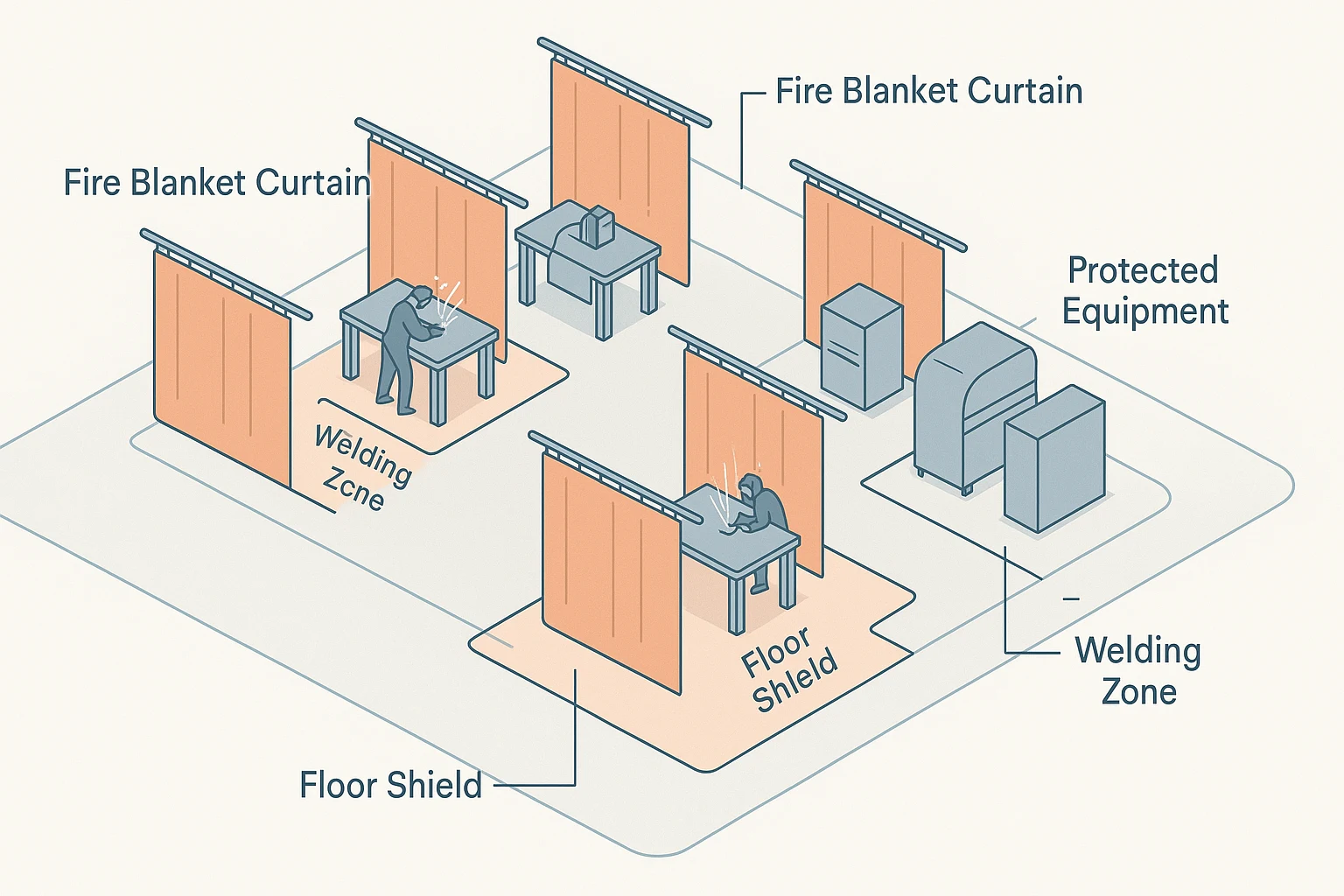 Isometric workshop layout diagram showing welding zones with hanging fire blanket curtains, floor shields, and protected equipment areas.