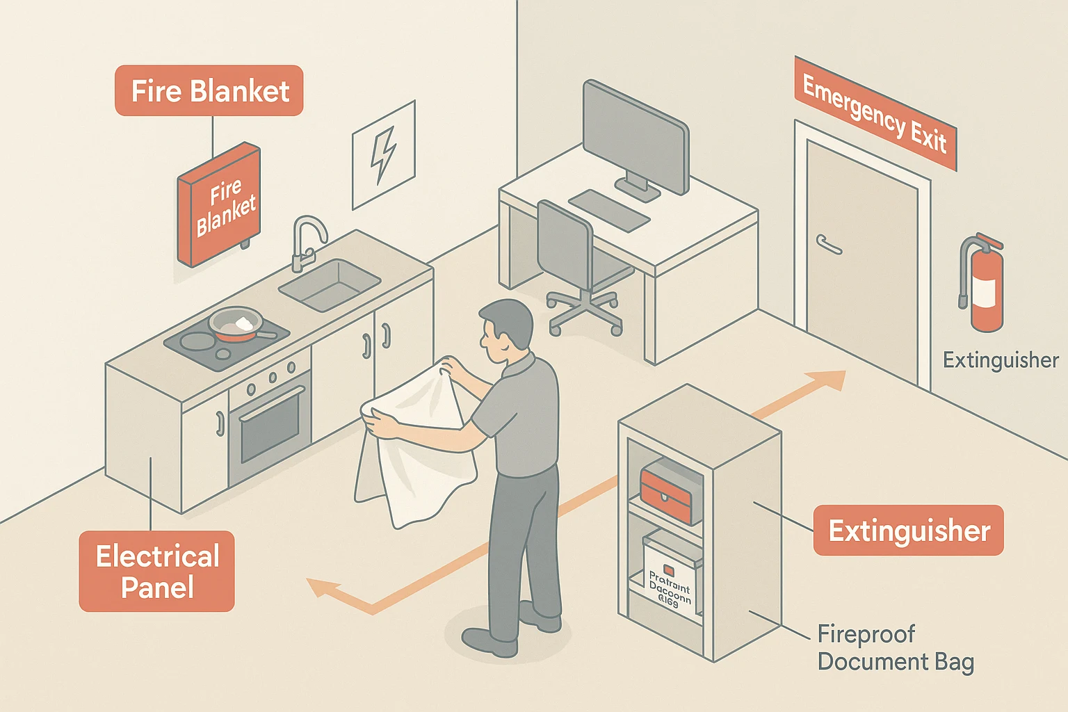 Isometric floor plan showing an office and kitchen with labeled fire safety items, including a wall-mounted fire blanket near a stovetop, a fireproof document bag stored on a shelf, an extinguisher beside the emergency exit, and an electrical panel.