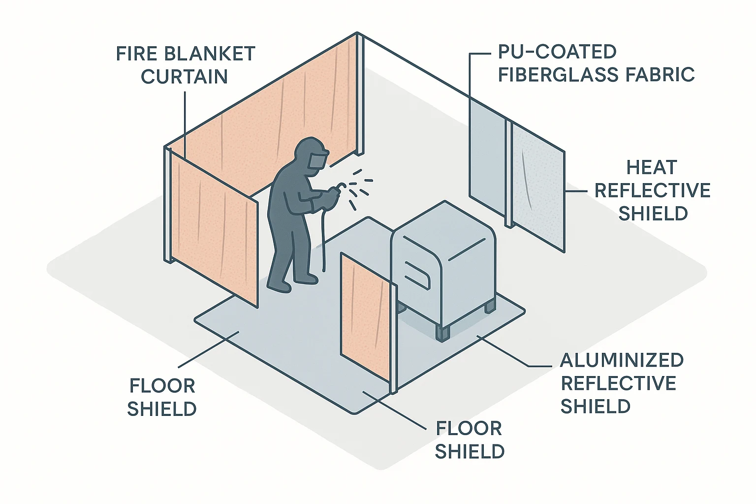 Isometric diagram of a construction site welding area showing fire blanket curtains, floor shields, PU-coated fiberglass fabric, and aluminized reflective shields positioned around a welder for maximum safety.