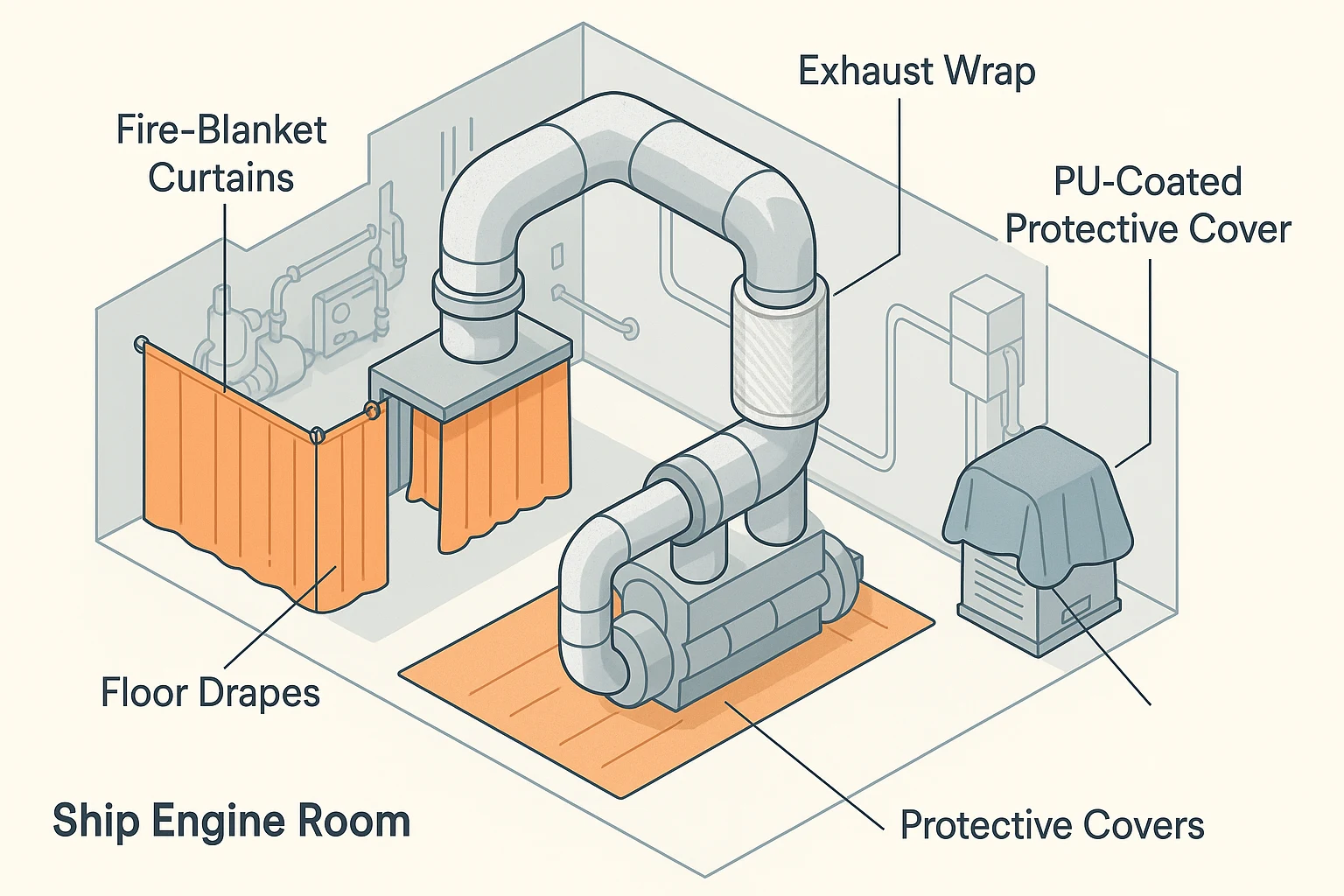 Isometric diagram of a ship engine room showing exhaust pipes wrapped with aluminized insulation, fire-blanket curtains around the hot-work area, floor drapes under equipment, and PU-coated protective covers over nearby machinery.