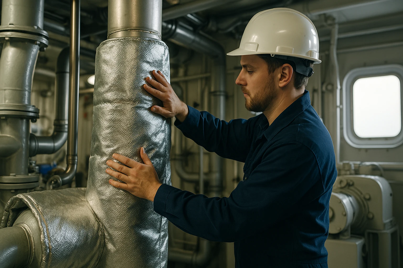 Marine engineer in a navy uniform and white safety helmet installing aluminized fiberglass insulation around an exhaust pipe inside a ship engine room, under soft natural lighting.