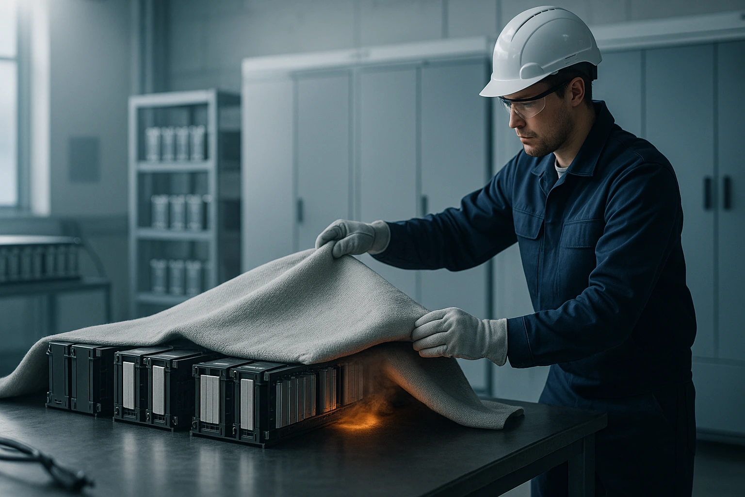 Technician in safety gear gently covering lithium battery modules with a fireproof blanket in a clean industrial workshop under soft natural light.