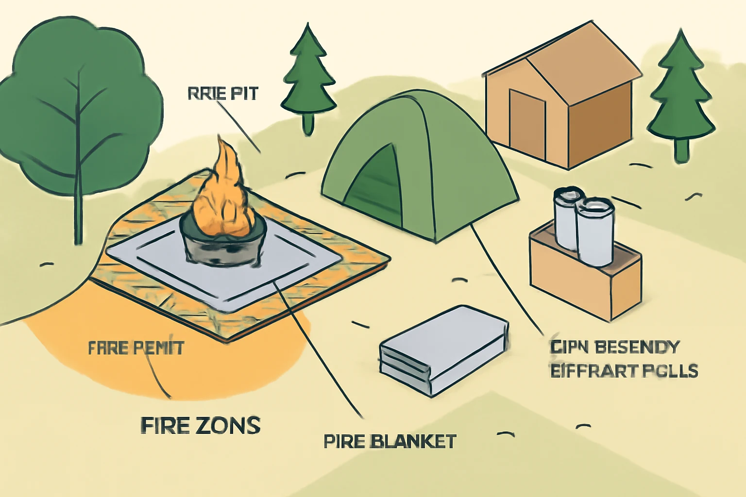 Isometric top-down diagram of a camping site showing a fire pit with a protective mat, a nearby tent, a person holding a fire blanket