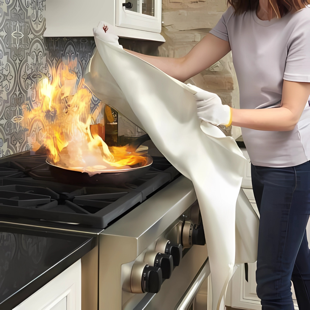 A woman calmly pulling a wall-mounted fire blanket to extinguish a small stovetop fire in a bright modern kitchen, under soft natural daylight.
