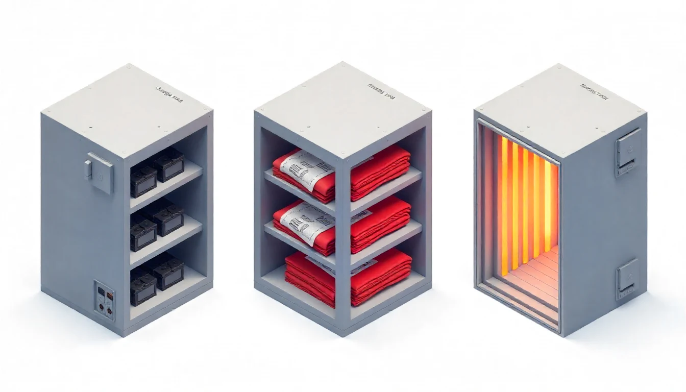 Isometric diagram of an energy storage area with a charging station, fire blanket cabinet, heat shield buffer zone, and battery shelves protected by reflective heat shields, all labeled for safety.